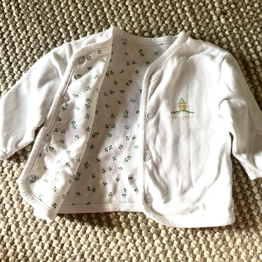 Kissy Kissy White Floral Snap-Front Cardigan with Green and Light Blue Sprigs